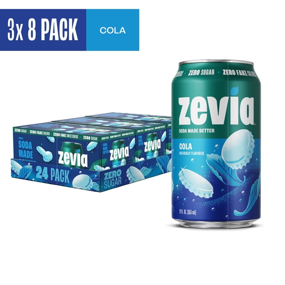 (3 pack) (3 Packs) Zevia Zero Sugar, 0 Calorie Cola Soda Pop, 12 fl oz, 8 Pack Cans