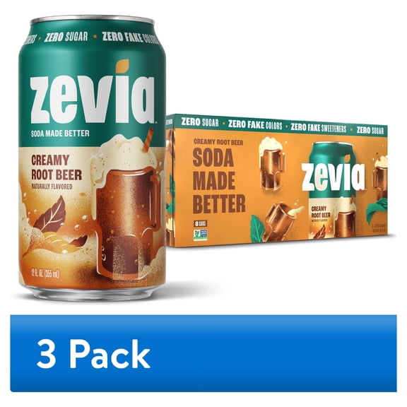 (3 pack) Zevia Zero Sugar, 0 Calorie Creamy Root Beer Soda Pop, 12 fl oz, 8 Pack