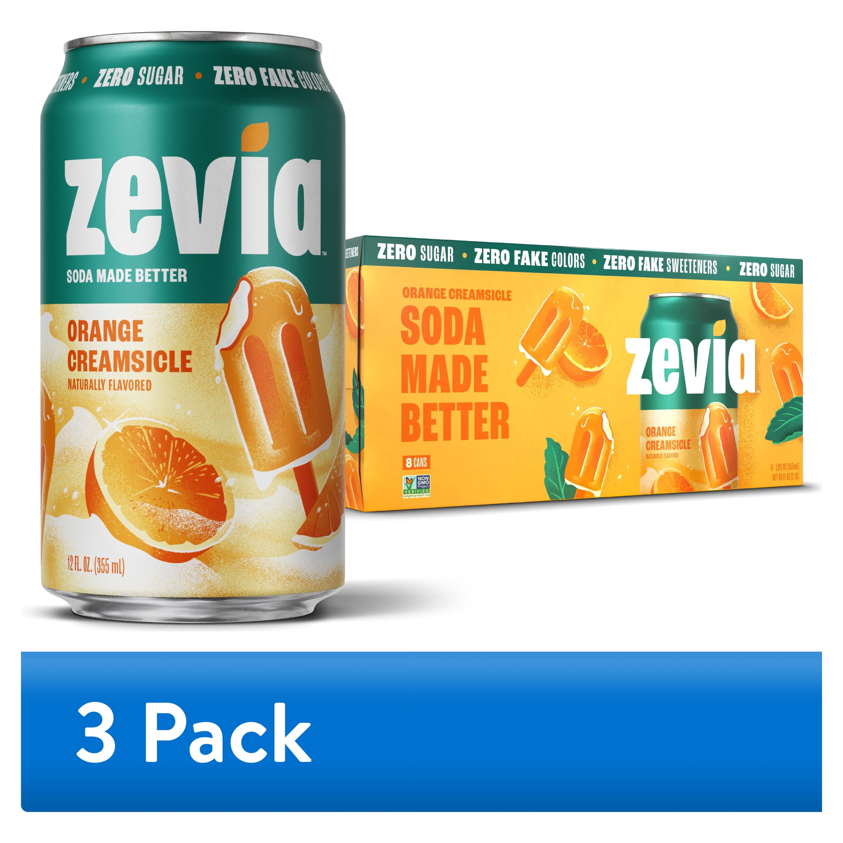 (3 pack) Zevia Zero Sugar, 0 Calorie Orange Creamsicle Soda Pop, 12 fl oz, 8 Pack