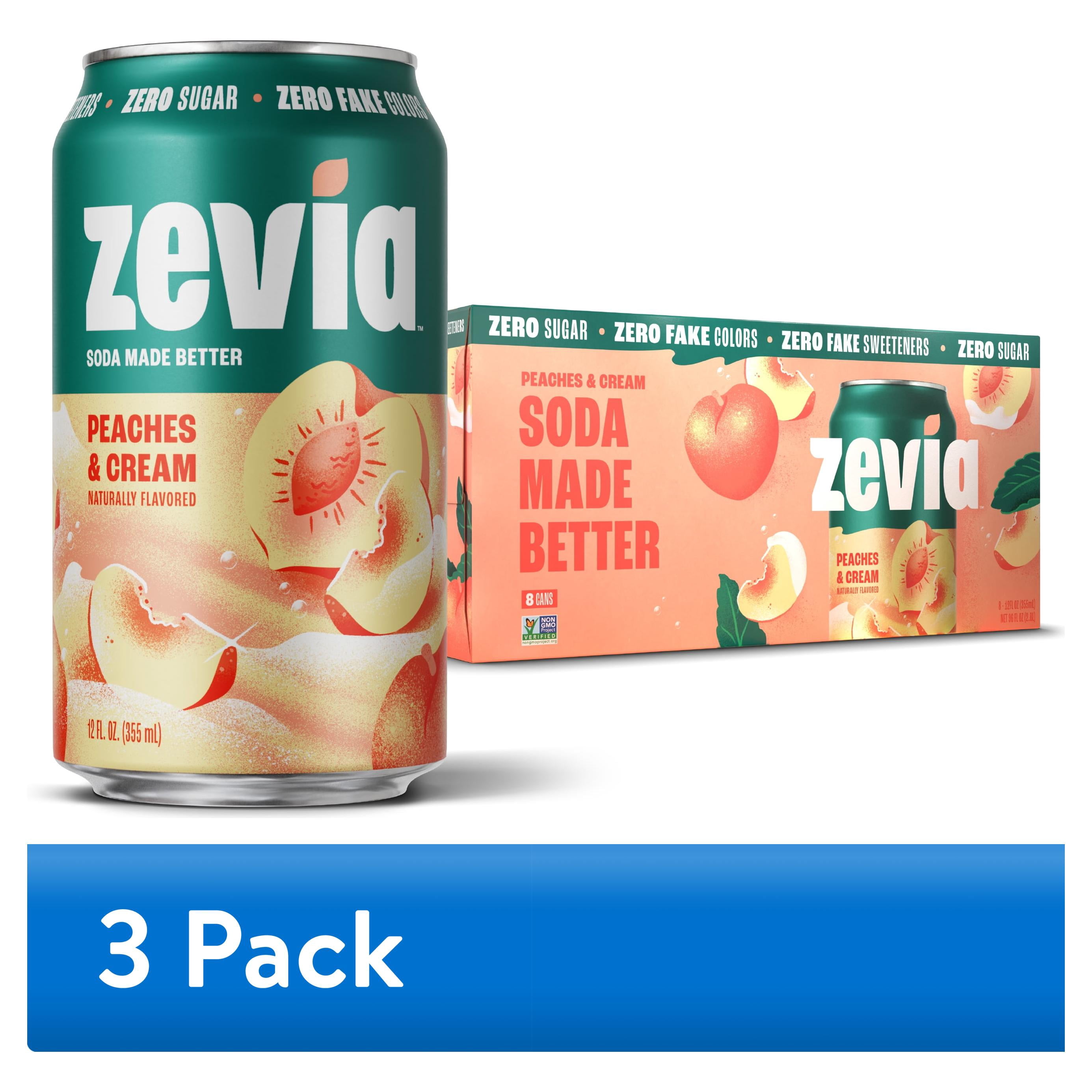 (3 pack) Zevia Zero Sugar, 0 Calorie Peaches and Cream Soda Pop, 12 fl oz, 8 Pack