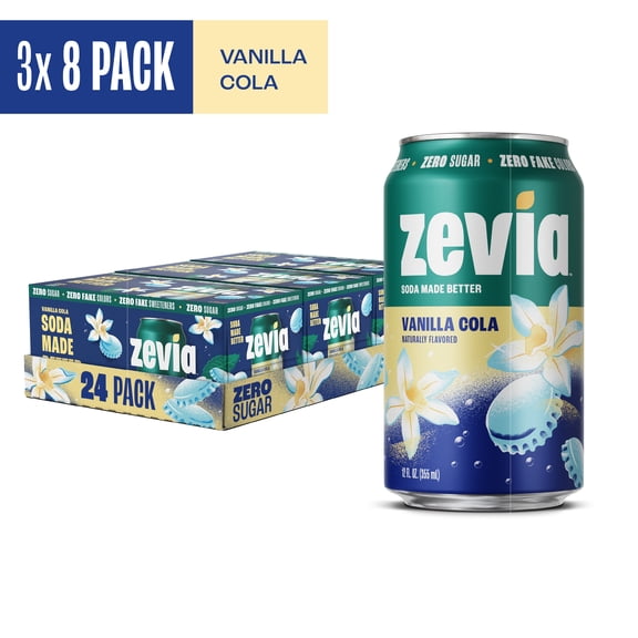 (3 pack) (3 pack) (3 pack) Zevia Zero Sugar, 0 Calorie Vanilla Cola Soda Pop, 12 fl oz, 8 Pack Cans