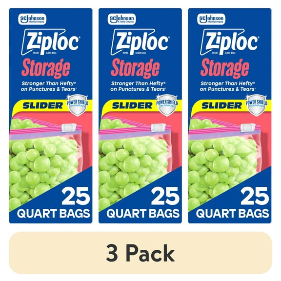 (3 pack) Ziploc® Brand Slider Quart Storage Bags with Power Shield Technology, 25 Count