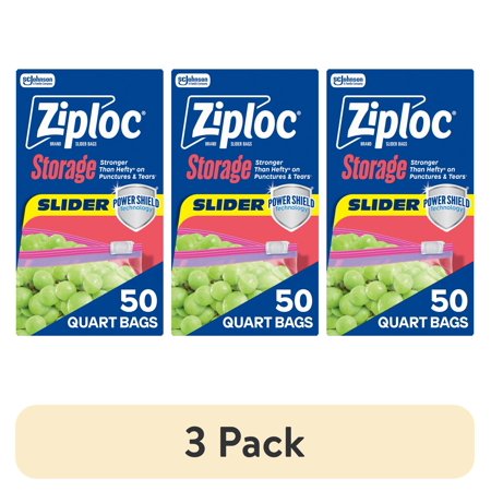 (3 pack) Ziploc Brand Slider Quart Food Storage Bags, School Supplies, with Power Shield Technology, Zipper, 50 Count