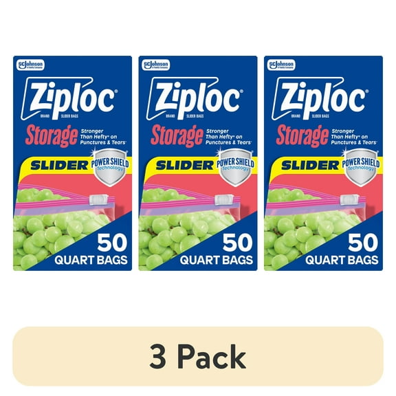 (3 pack) Ziploc Brand Slider Quart Storage Bags, School Supplies, with Power Shield Technology, 50 Count