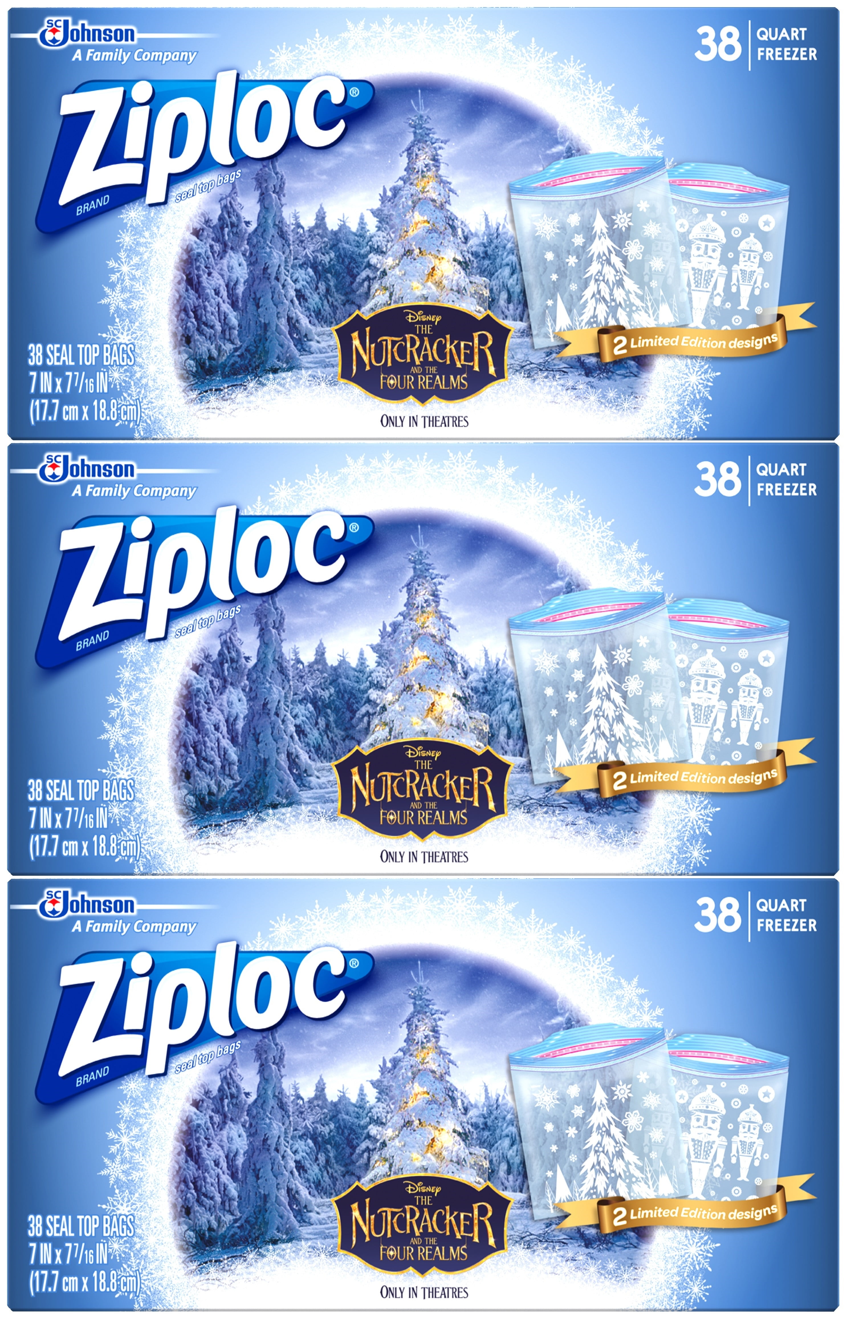 ZIPLOC Brand Freezer Bags Quart Featuring Designs from Disney's The Nutcracker and The Four Realms, 19 Count