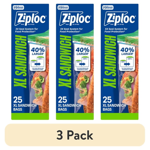 (3 pack) Ziploc® Brand XL Sandwich Bags with EasyGuide™ Texture, Grip 'n Seal Technology™, Food Storage, 25 Count