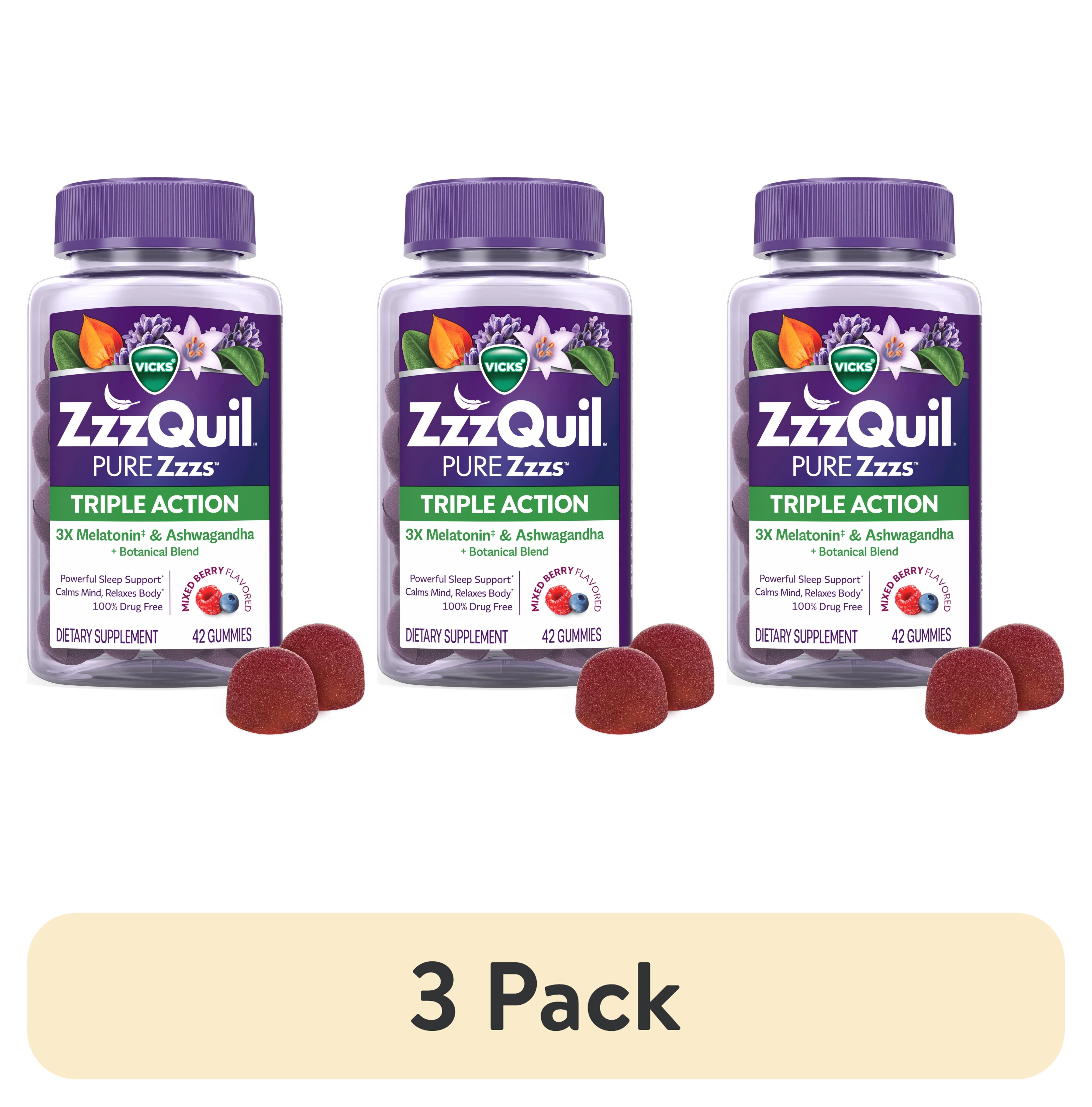 (3 pack) ZzzQuil PURE Zzzs Melatonin Triple Action with Ashwagandha, Melatonin 6mg, 42 Gummies