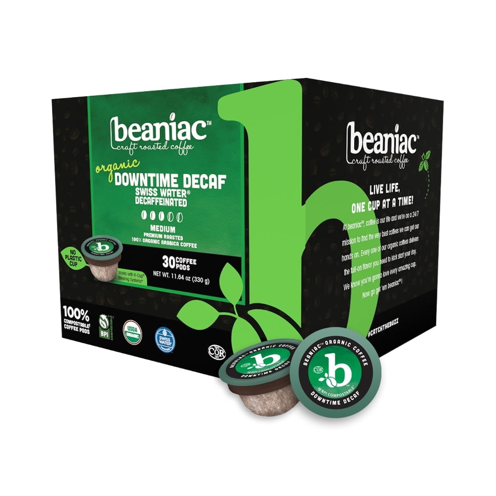 (3 pack) Beaniac Organic Downtime Decaf Swiss Water Decaffeinated Medium Roast Coffee Pods, 30 Count