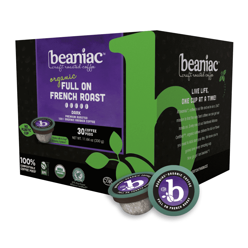 (3 pack) Beaniac Organic Full On French Roast Dark Roast Compostable K-Cup Coffee Pods, 30 Count