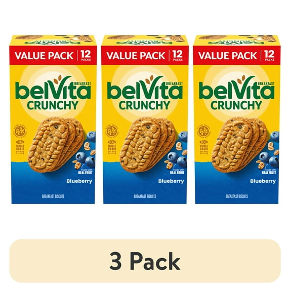 (3 pack) belVita Breakfast Bars Biscuits, Blueberry, Value Pack, 12 Packs (4 Biscuits Per Pack)
