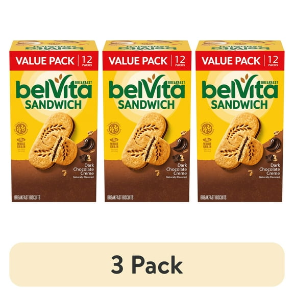 (3 pack) belVita Breakfast Bar Biscuit Sandwiches Dark Chocolate Creme, Value Pack, 12 Packs