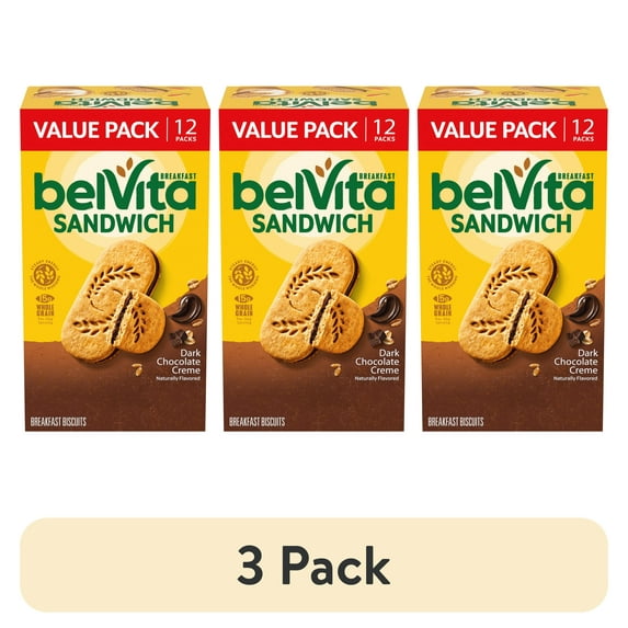 (3 pack) belVita Breakfast Bar Biscuit Sandwiches Dark Chocolate Creme, Value Pack, 12 Packs