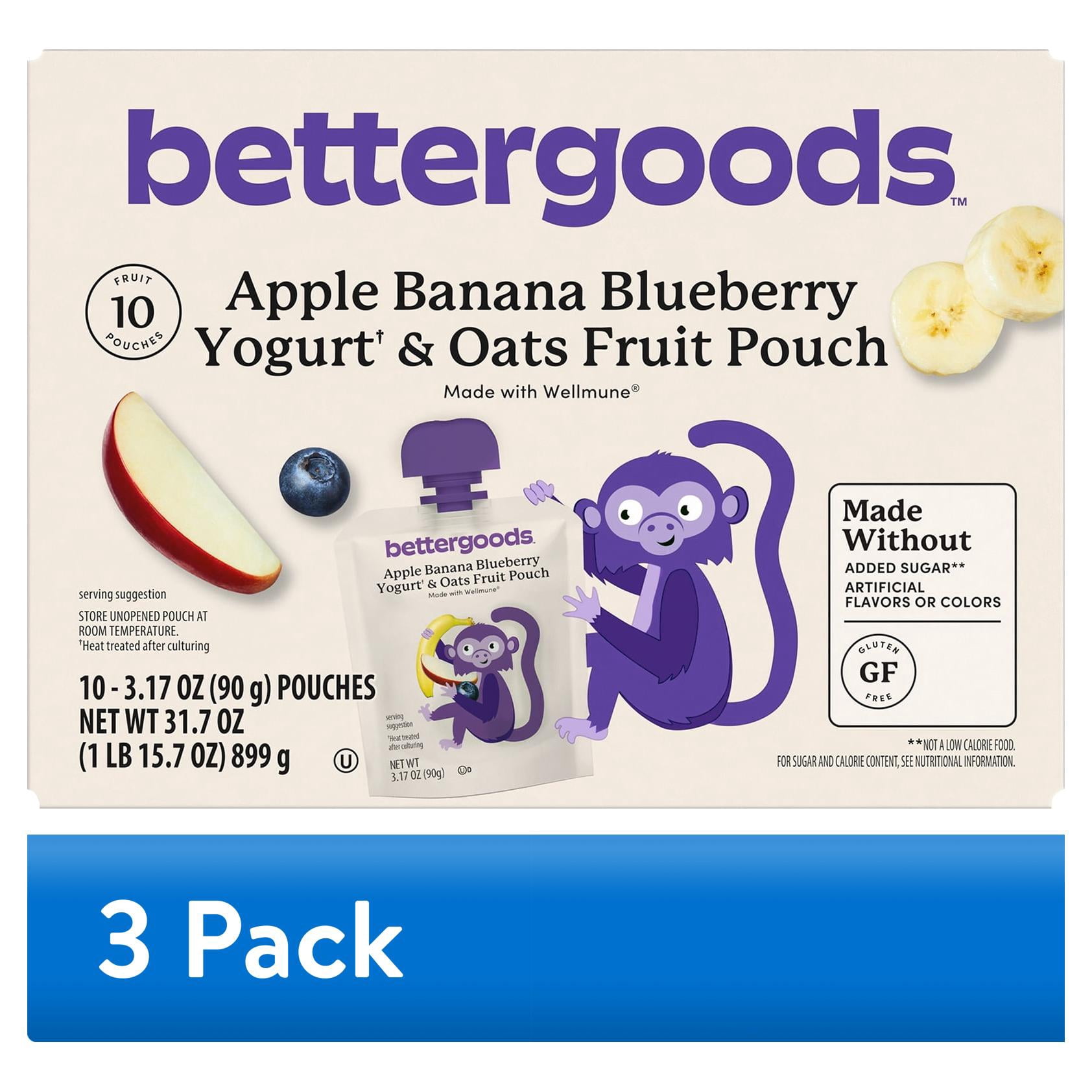 (3 pack) bettergoods Apple Banana Blueberry Yogurt & Oats Fruit Applesauce Pouches, 3.17 oz, 10 Count