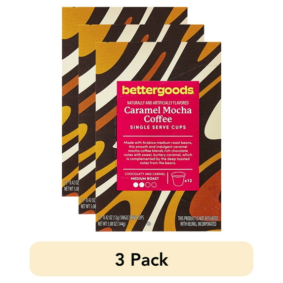 (3 pack) bettergoods Caramel Mocha Flavored Coffee, Medium Roast, Single Serve Cups, 0.42 oz, 12 Count