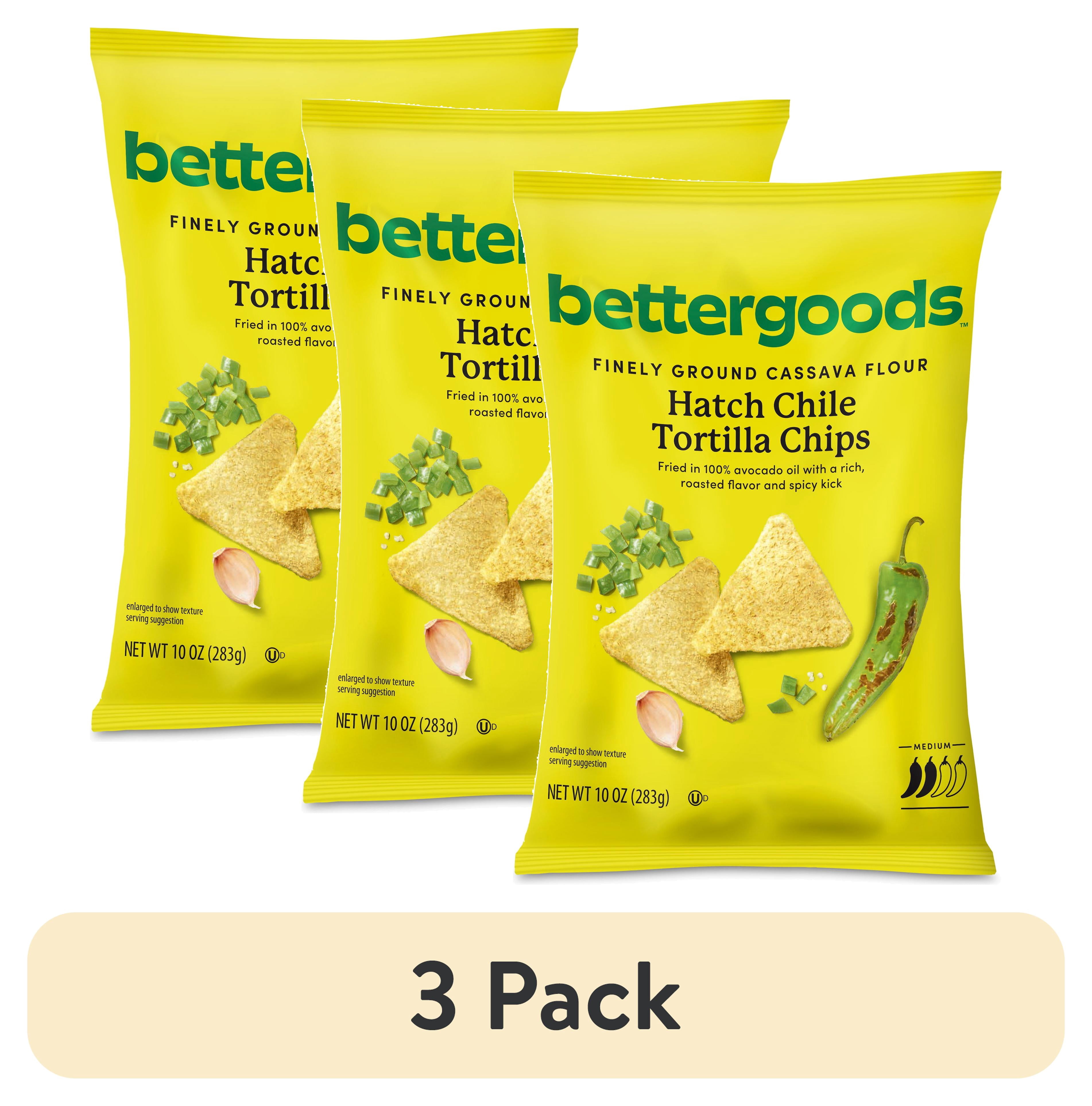 (3 pack) bettergoods Finely Ground Cassava Flour Hatch Chile Tortilla Chips, 10 oz