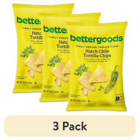 (3 pack) bettergoods Finely Ground Cassava Flour Hatch Chile Tortilla Chips, 10 oz