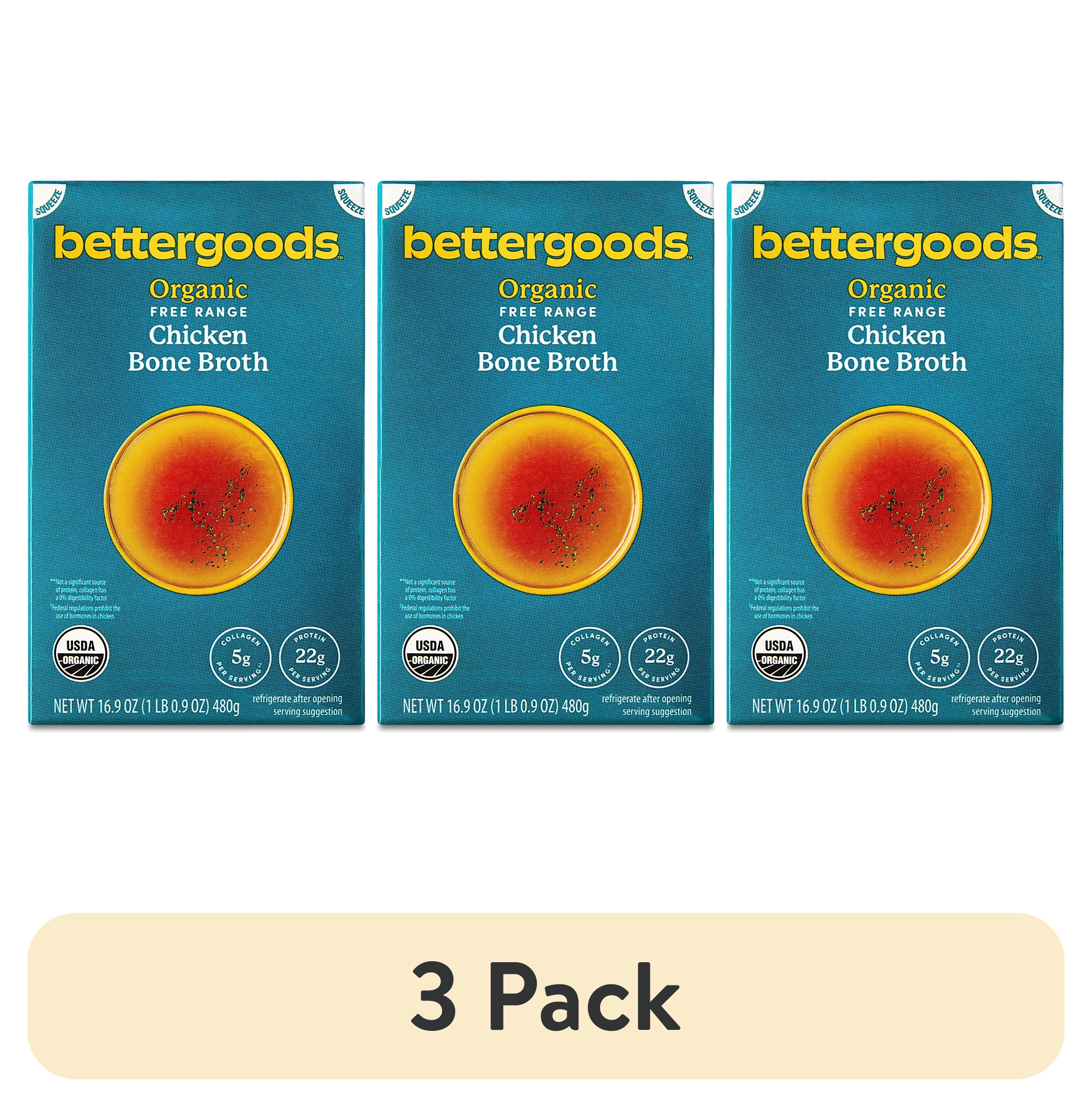 (3 pack) bettergoods Organic Free Range Chicken Bone Broth, 16.9 oz Carton