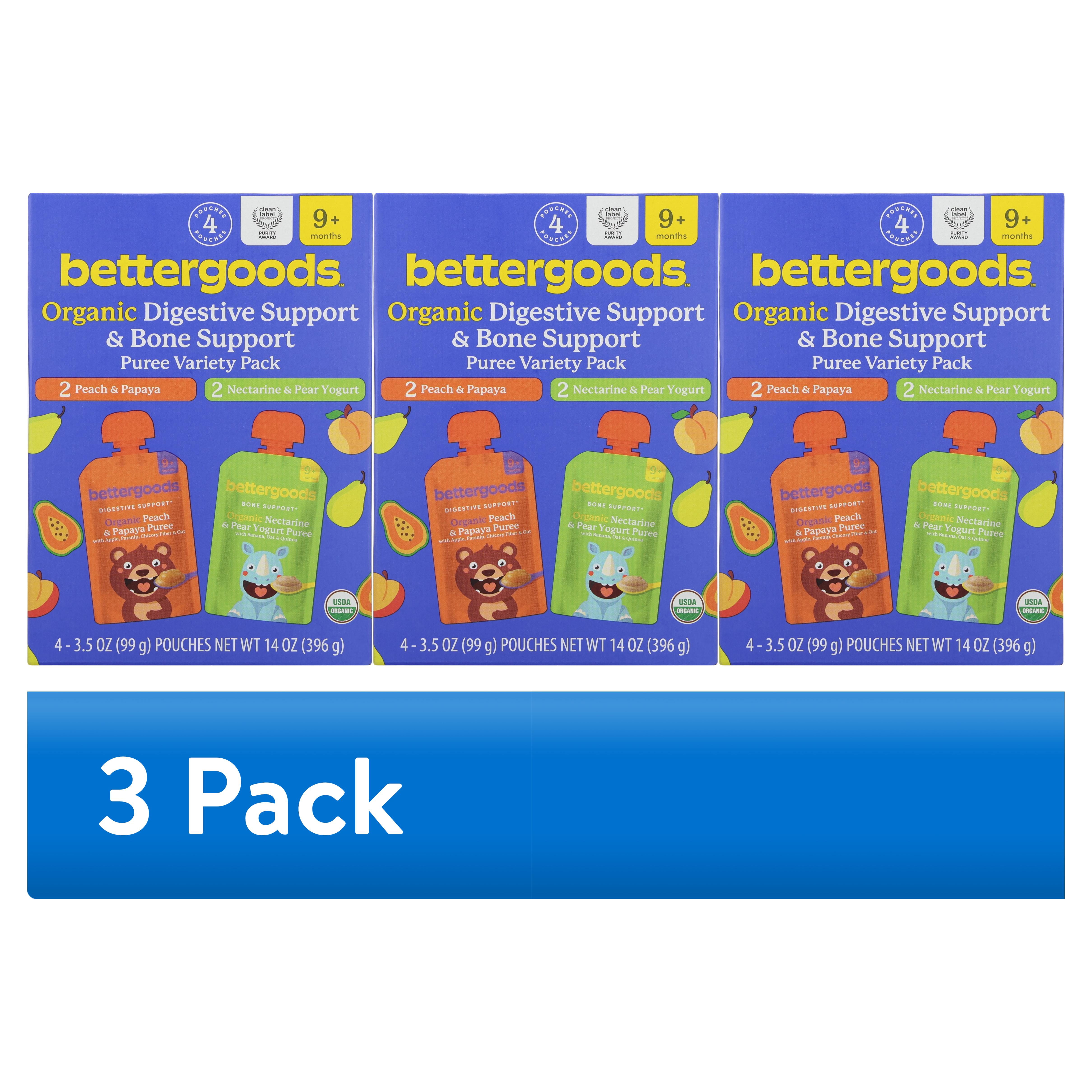 (3 pack) bettergoods Organic Stage 3 Baby Food Digestive Support and Bone Support Variety Pack, 3.5 oz Pouches, 4 Count