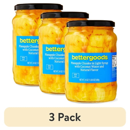 (3 pack) bettergoods Pineapple Chunks in Light Syrup with Coconut Water and Natural Flavor, 24 oz