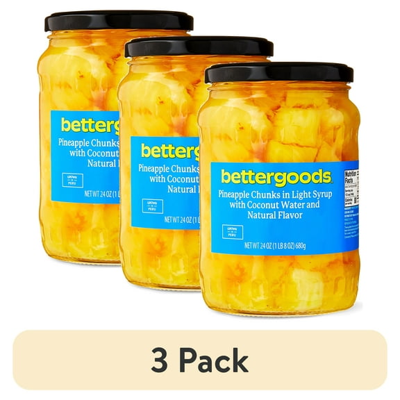 (3 pack) bettergoods Pineapple Chunks in Light Syrup with Coconut Water and Natural Flavor, 24 oz