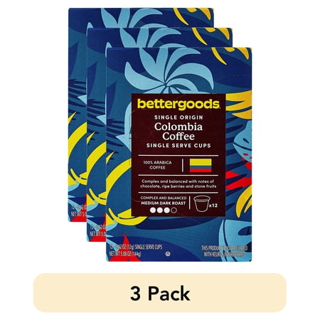 (3 pack) bettergoods Single Origin Colombia Coffee, Medium Dark Roast, Single Serve Cups, 0.42 oz, 12 Count