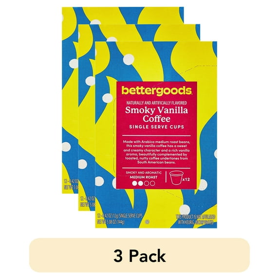 (3 pack) bettergoods Smoky Vanilla Flavored Coffee, Medium Roast, Single Serve Cups, 0.42 oz, 12 Count