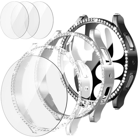 [3 pack] bling case for Samsung Galaxy Watch 5 4 40mm with tempered glass screen protector, collaxuyi plating hard pc bumper Crystal Diamond cover for Galaxy Watch 5 4 40mm accessories