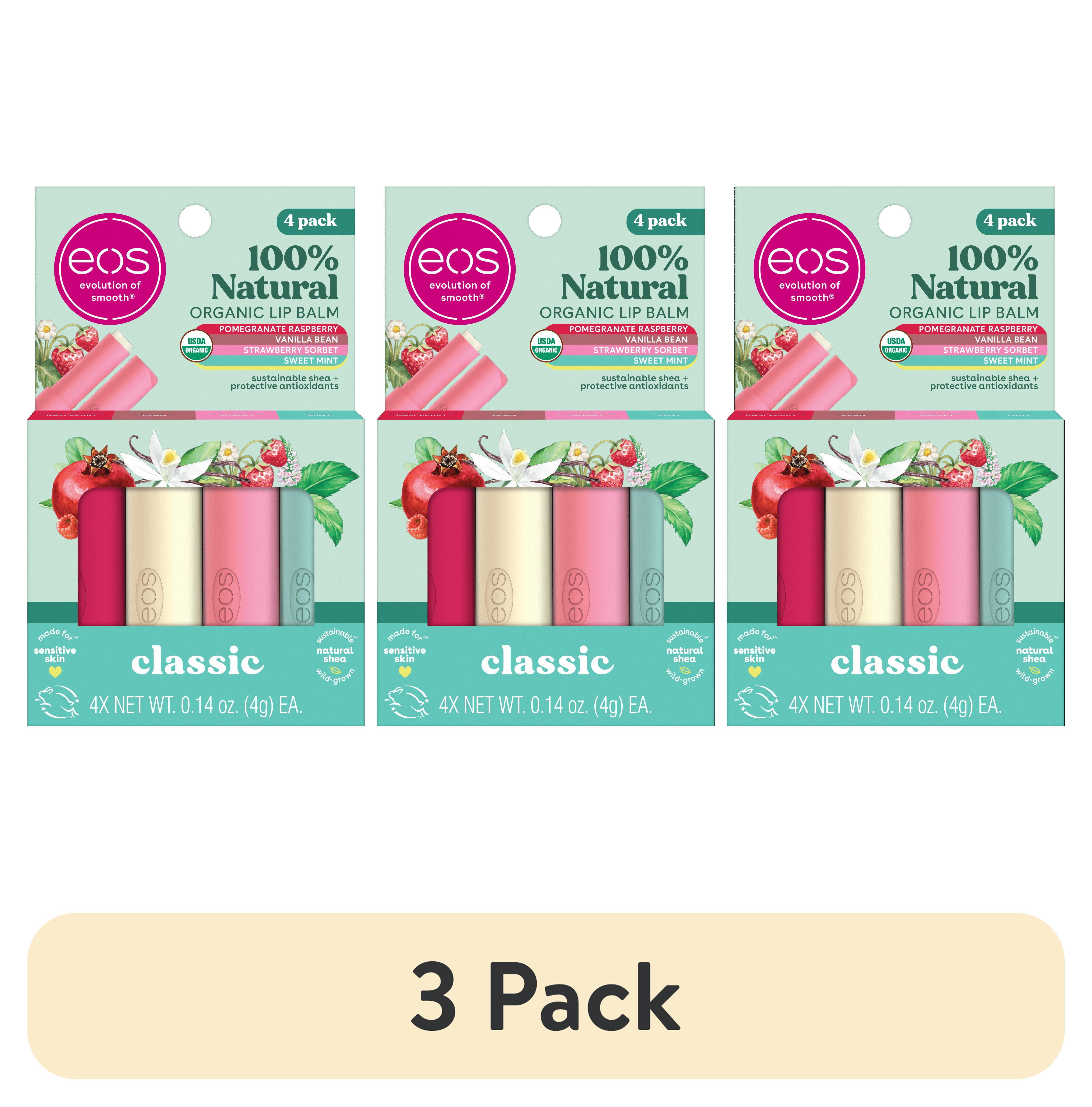 (3 pack) eos 100% Natural & Organic Lip Balm- Strawberry, Mint, Pomegranate, Vanilla, 0.14 oz, 4 Pack