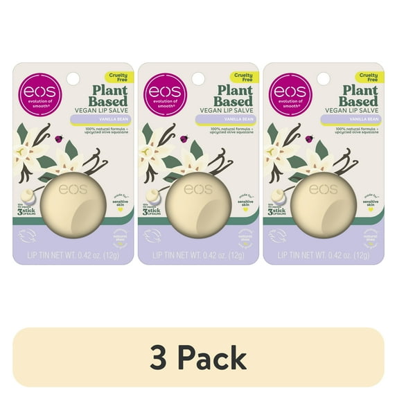 (3 pack) eos Plant-Based Vegan Lip Salve- Vanilla Bean, 100% Natural, 0.42 oz, Pack of 1