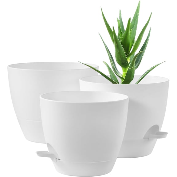3- Planter Pots, 10 9 8 Inch Self Watering Flower Pots for Indoor Outdoor Garden , White
