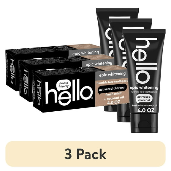 (3 pack) hello Epic Whitening Charcoal Fluoride Free Toothpaste, Fresh Mint, 4.0 Oz Tube