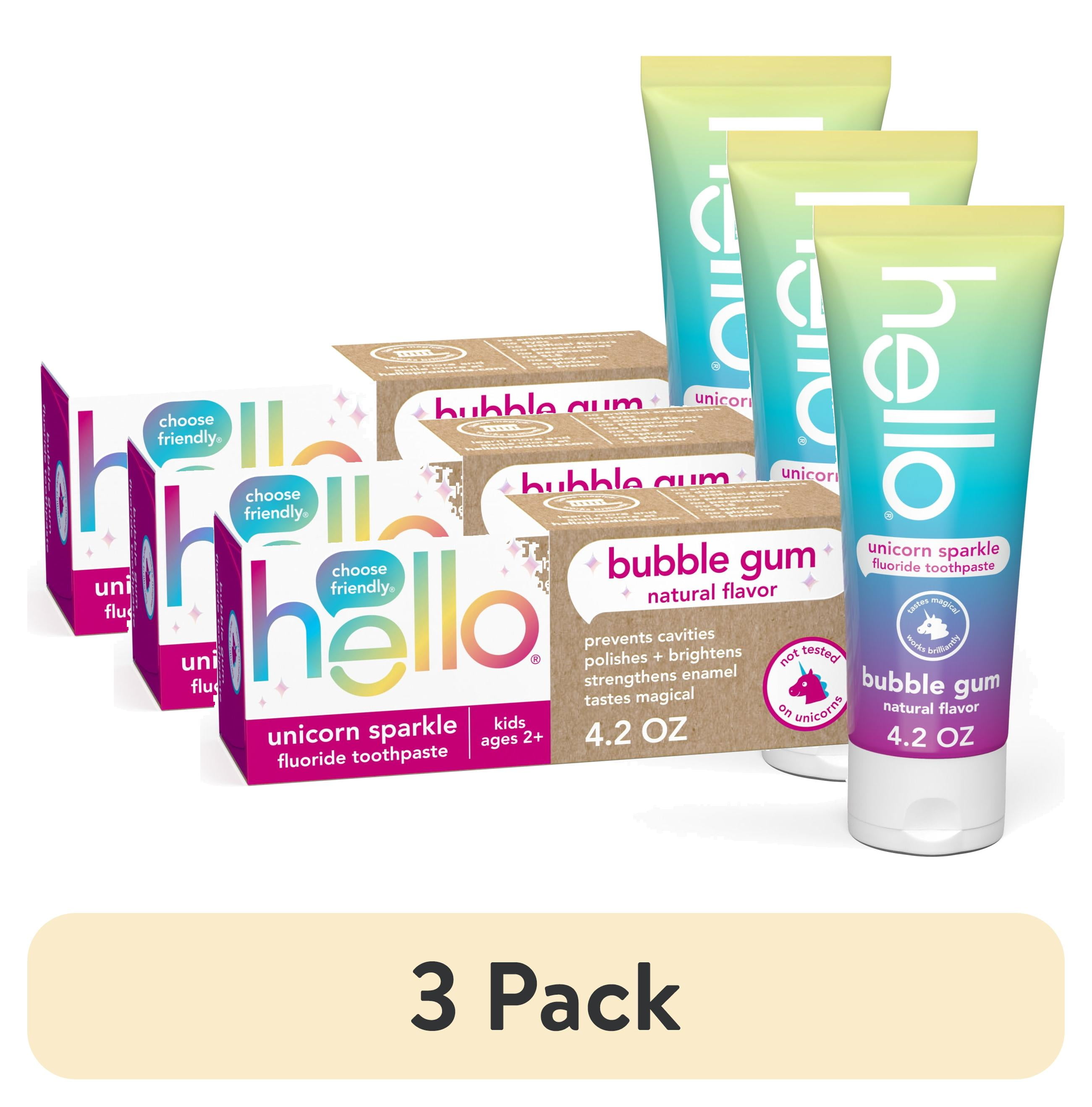 (3 pack) hello Unicorn Sparkle Kids Toothpaste with Fluoride, Bubble Gum Toothpaste, 4.2 Oz Tube