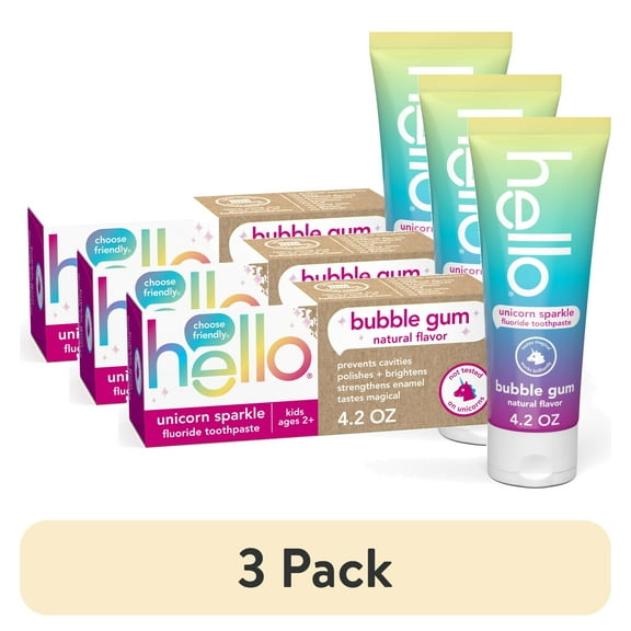 (3 pack) hello Unicorn Sparkle Kids Toothpaste with Fluoride, Bubble Gum Toothpaste, 4.2 Oz Tube