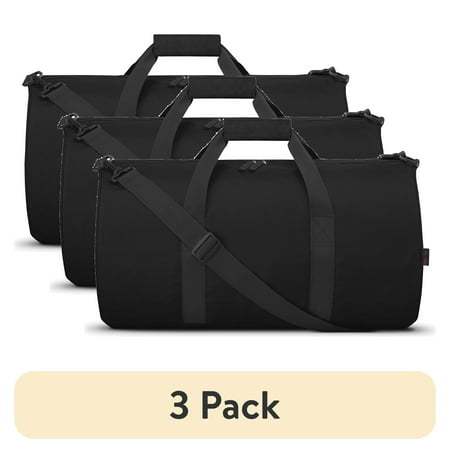 (3 pack) iFLY Packable Duffle with Adjustable Shoulder Strap and Luggage Trolley Sleeve, Black