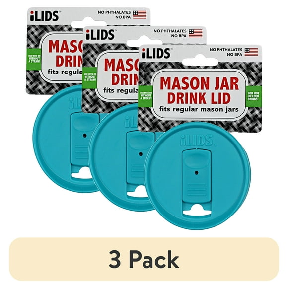 (3 pack) iLids Regular Mouth Plastic Mason Jar Lid for Drinking, Reusable Canning Jar Drink Lid for Iced Coffee, Smoothies and Beverages, Blue