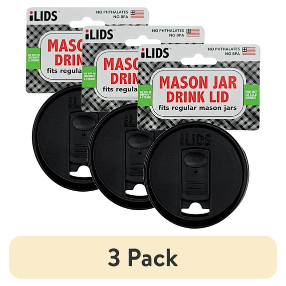 (3 pack) iLids Regular Mouth Plastic Mason Jar Lid for Drinking, Reusable Canning Jar Drink Lid for Iced Coffee, Smoothies and Beverages, Black