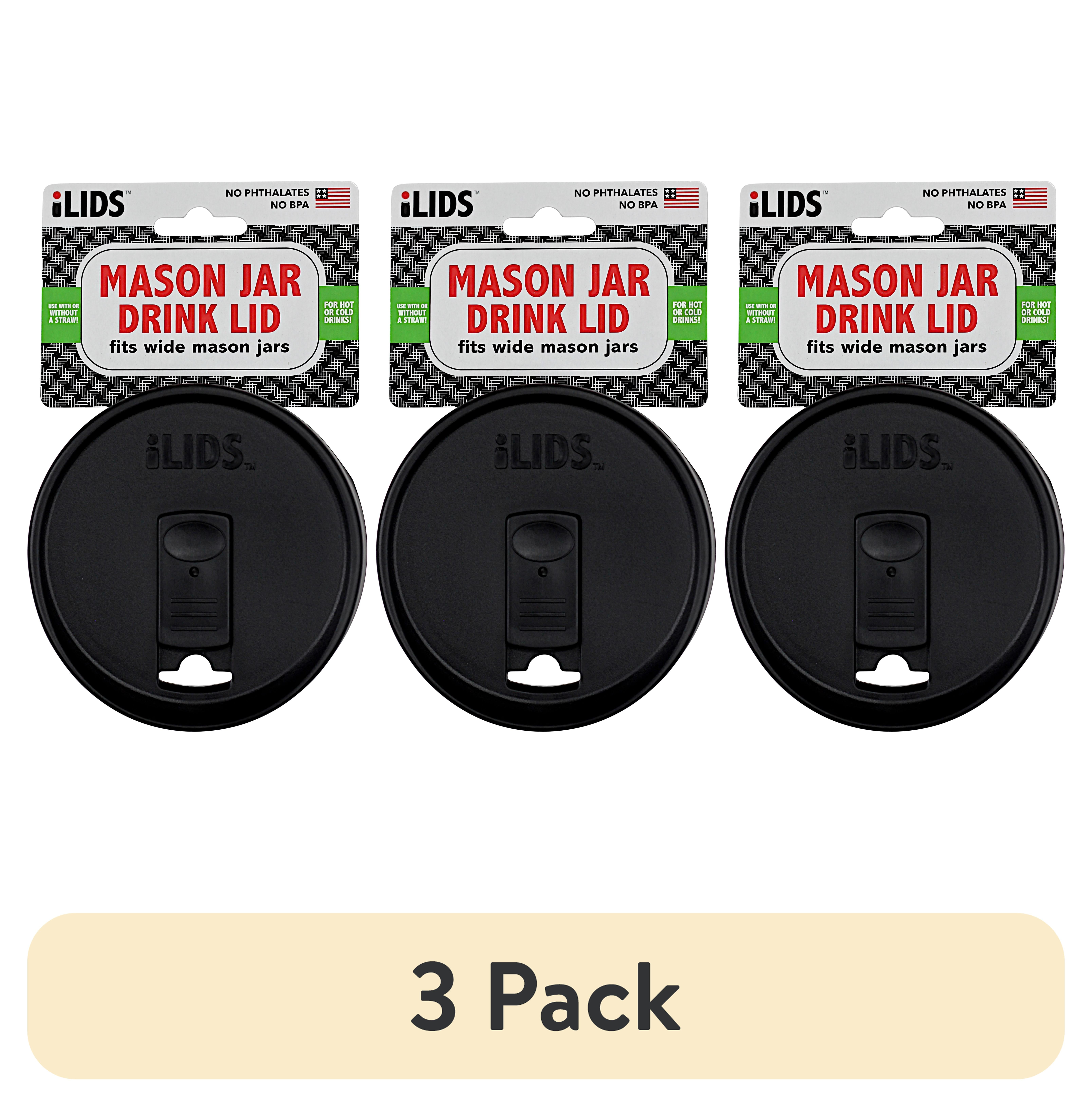 (3 pack) iLids Wide Mouth Plastic Mason Jar Lid for Drinking, Reusable Canning Jar Drink Lid for Iced Coffee, Smoothies, and Beverages, Black