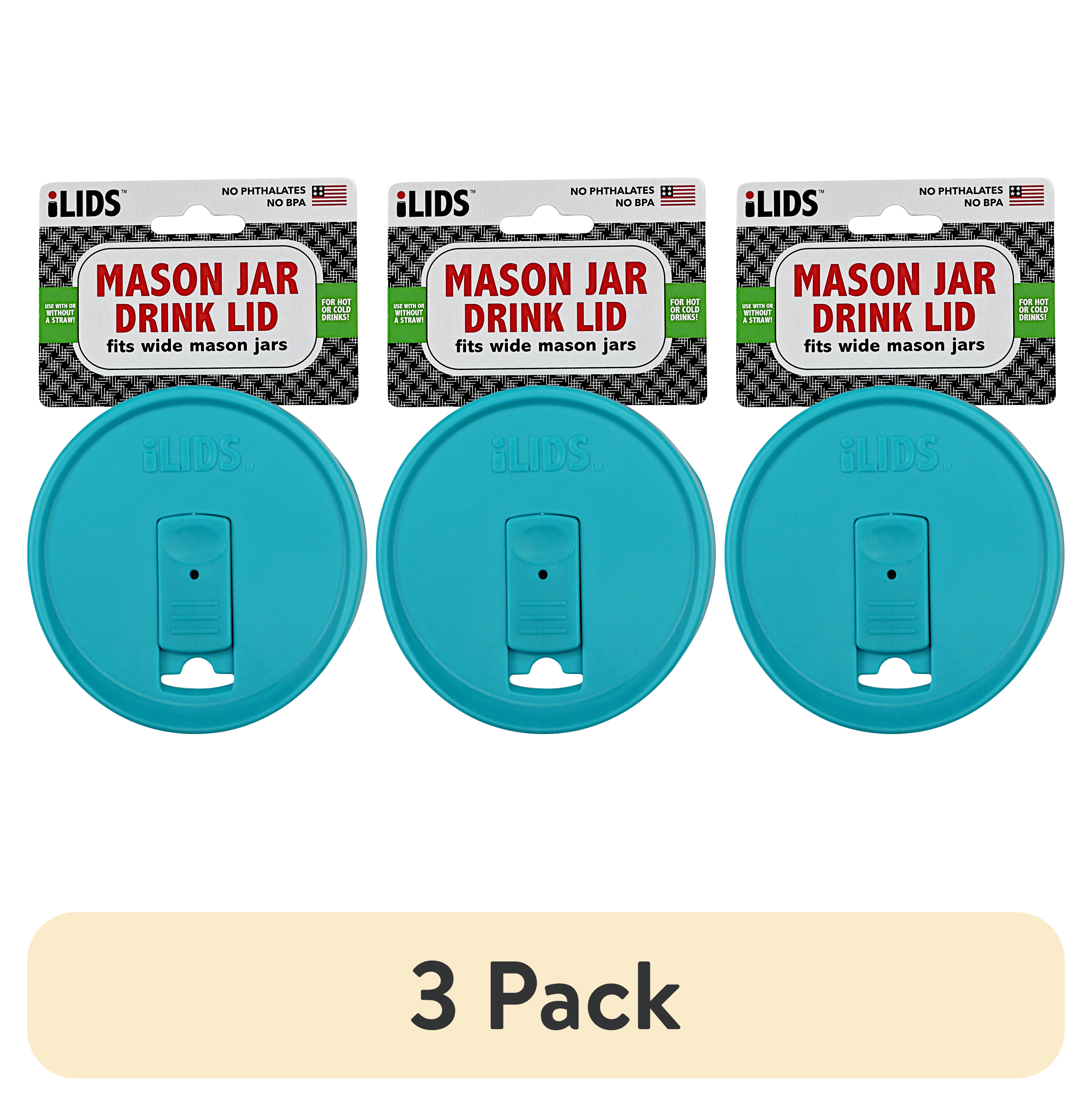 (3 pack) iLids Wide Mouth Plastic Mason Jar Lid for Drinking, Reusable Canning Jar Drink Lid for Iced Coffee, Smoothies and Beverages, Blue