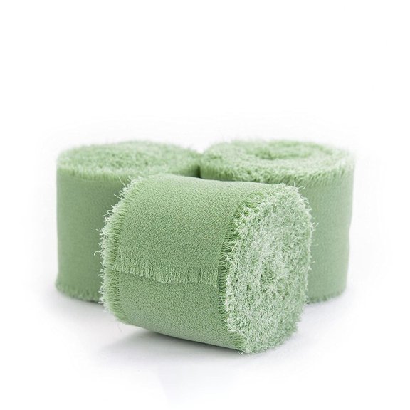 3 pack light green Chiffon Ribbon Rolls, 4cm x 5m, Chiffon Silk Ribbon with Fringe for Bridal Bouquets Wedding Invitations Floral Arrangements Gift Wrapping Home Decor