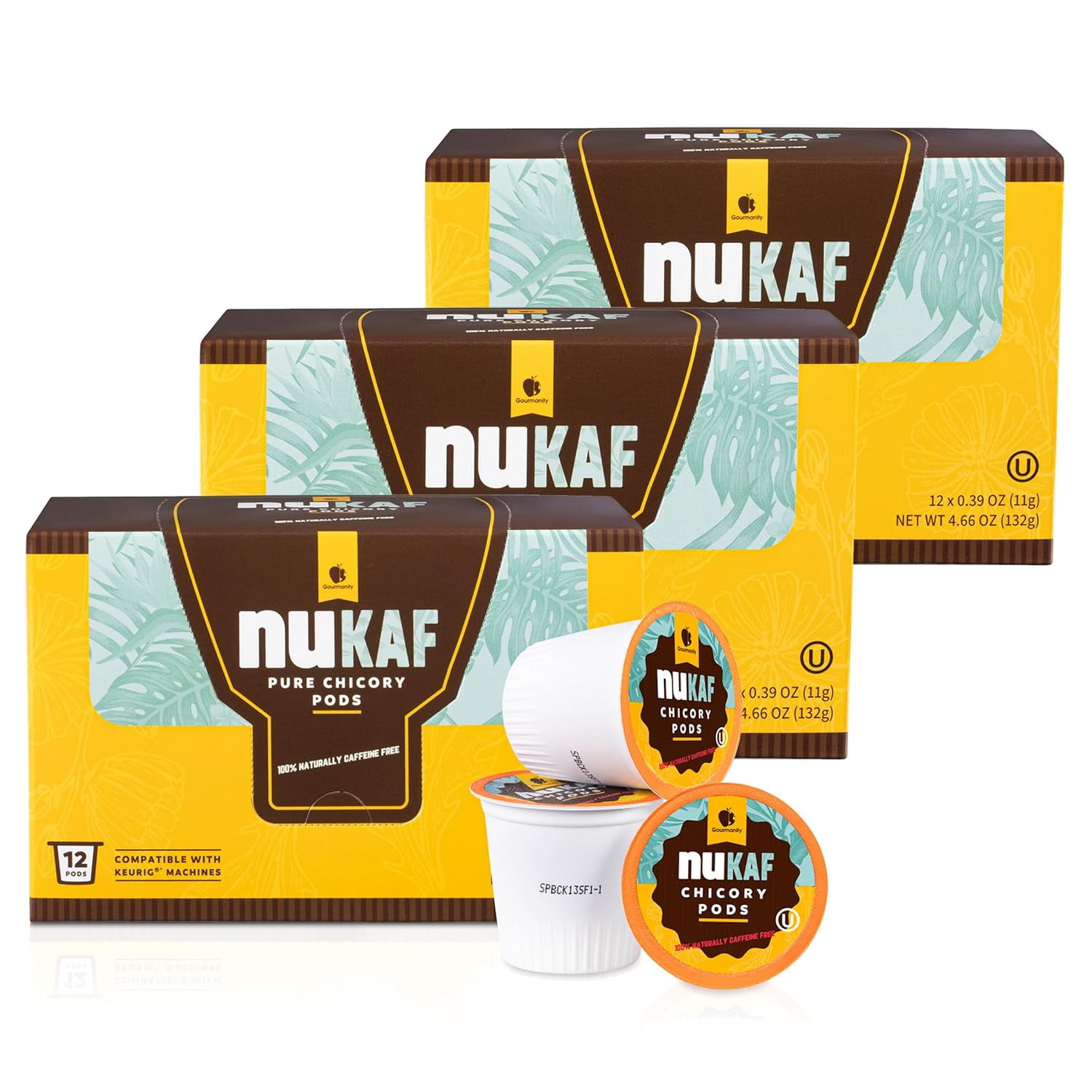 (3 pack) nuKAF Chicory Coffee K Cups, 100% Caffeine Free Coffee Alternative, All Natural K Pods for your Keurig, Great for Your Daily Drink, Rich in Prebiotics, Kosher, by Gourmanity (12 count)