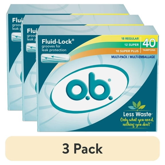 (3 pack) o.b. Tampons No Applicator, Unscented - 40ct (18ct Regular/12ct Super/10ct Super Plus)