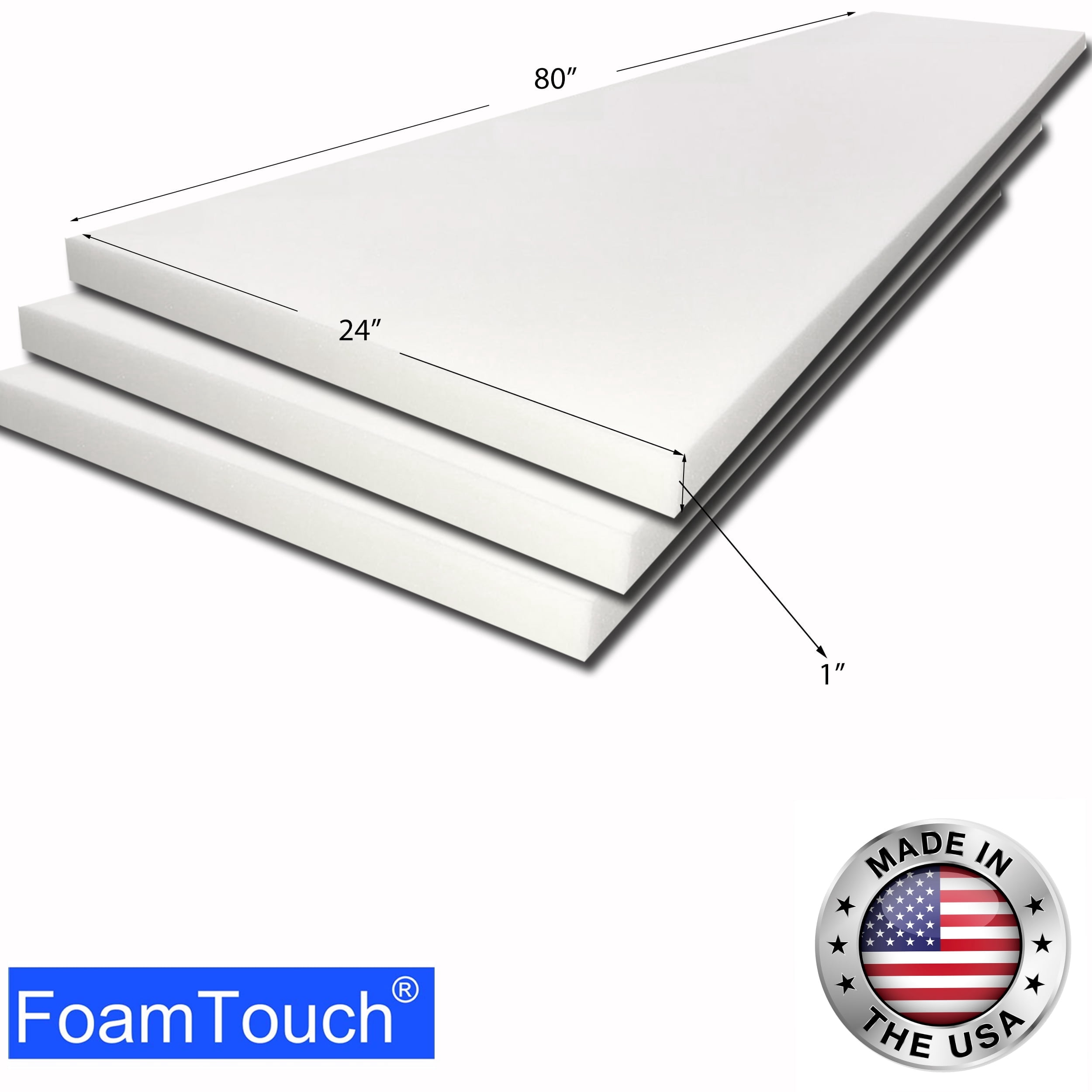 3 pack of FoamTouch High Density 1" Height x 24" Width x 80" Length Upholstery Foam Cushion Replacement