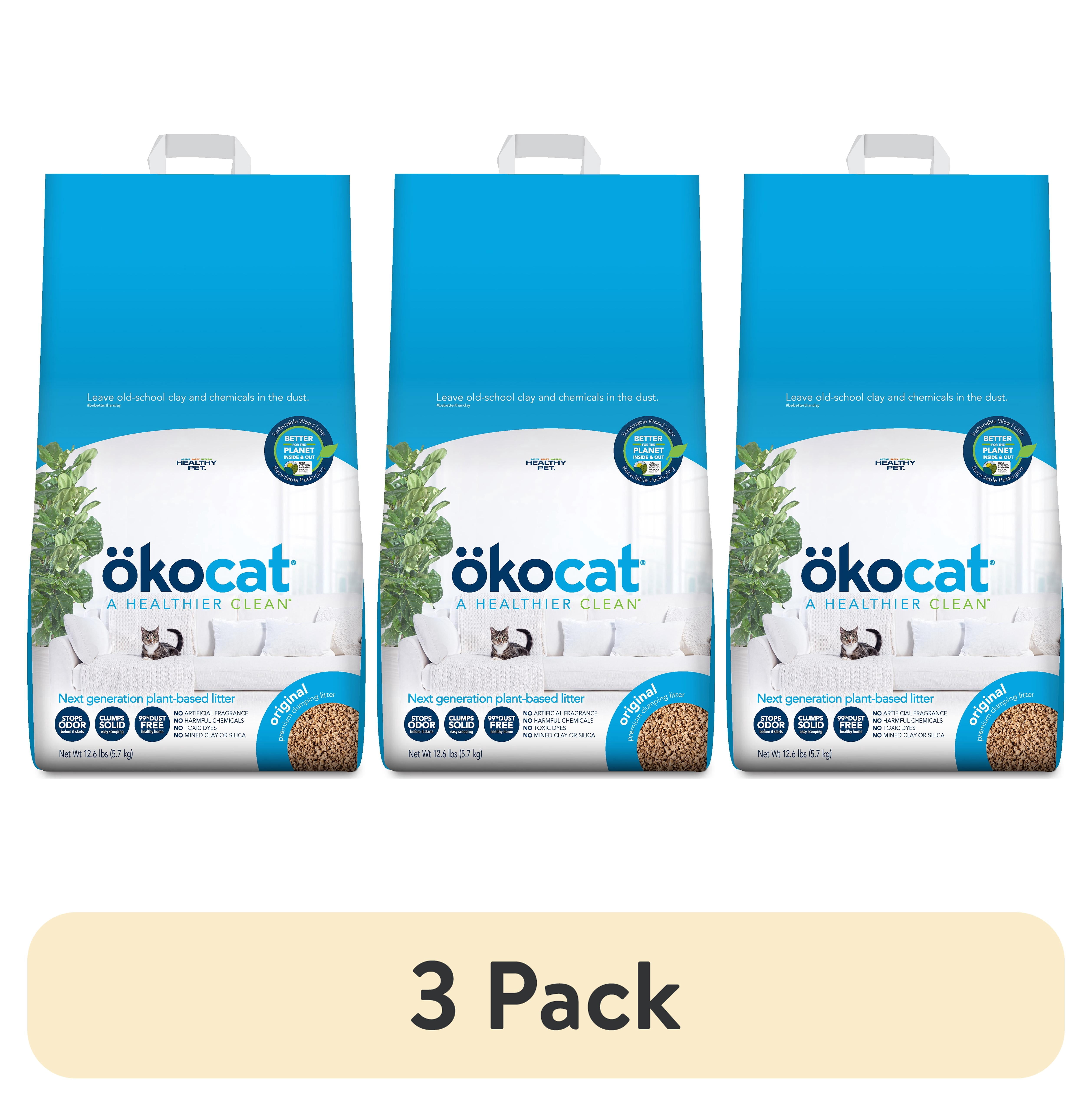 (3 pack) okocat Original Wood Natural Clumping Cat Litter, Dust Free, 12.6 lb. Lasts 2+ Months