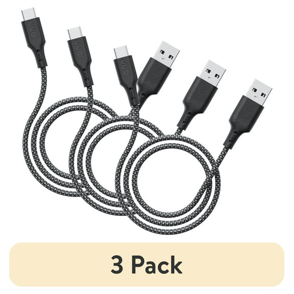 (3 pack) onn 10ft USB-A to USB-C Soft-touch Braided Charging Cable, USB IF Certified, Black