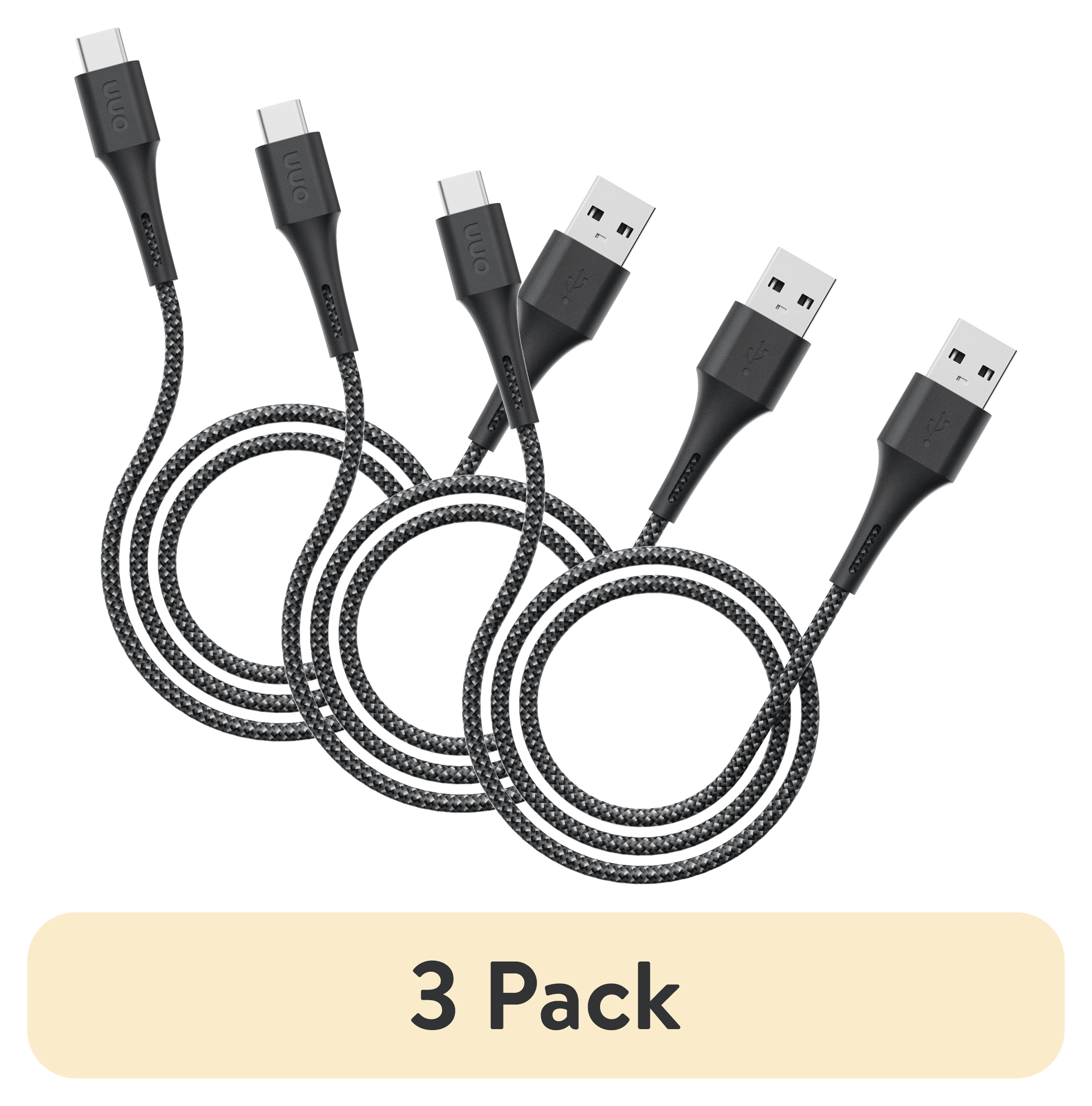 (3 pack) onn 6ft USB-A to USB-C Soft-touch Braided Charging Cable, USB IF Certified, Black