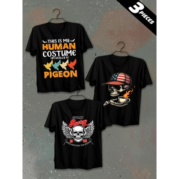 3 pack pc pieces set piece halloween graphic t shirtscomfort colors tshirt men's 180G 100% Cotton black halloween not so scary nurse cats halloween sport vintage dancing skeleton not so scary nurse
