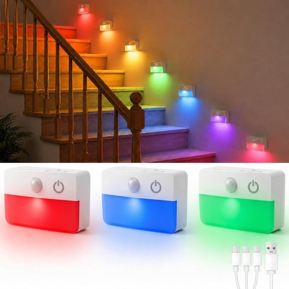 3-pack rechargeable RGB motion sensor lights. Magnetic and wireless, auto lights up on movement. Suitable for stairs, cabinets, hallways and other indoor areas.