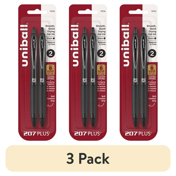 (3 pack) uniball™ 207 Plus+ Retractable Gel Pens, Medium Point (0.7mm), Black Barrel, Black Ink, 2 Pack