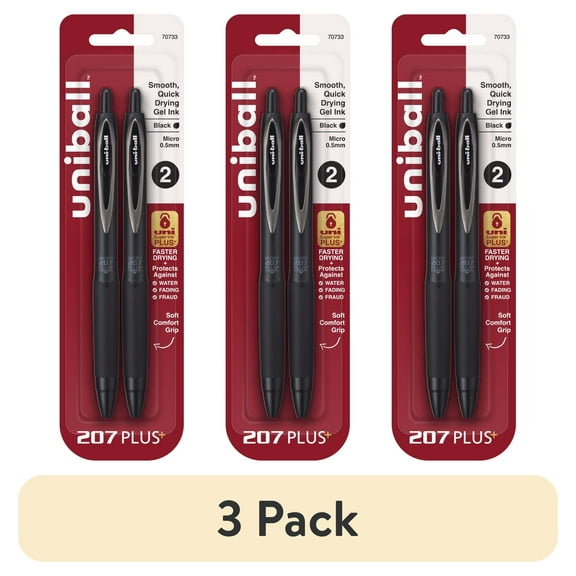 (3 pack) uniball™ 207 Plus+ Retractable Gel Pens, Micro Point (0.5mm), Black, 2 Pack