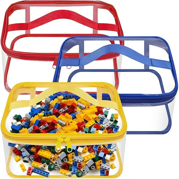 3 packs clear toy storage bags-9.4x6.7x4.3 inch transparent PVC toy organizing bags with zipper-waterproof toy storage organizer pouch for building blocks, small toys